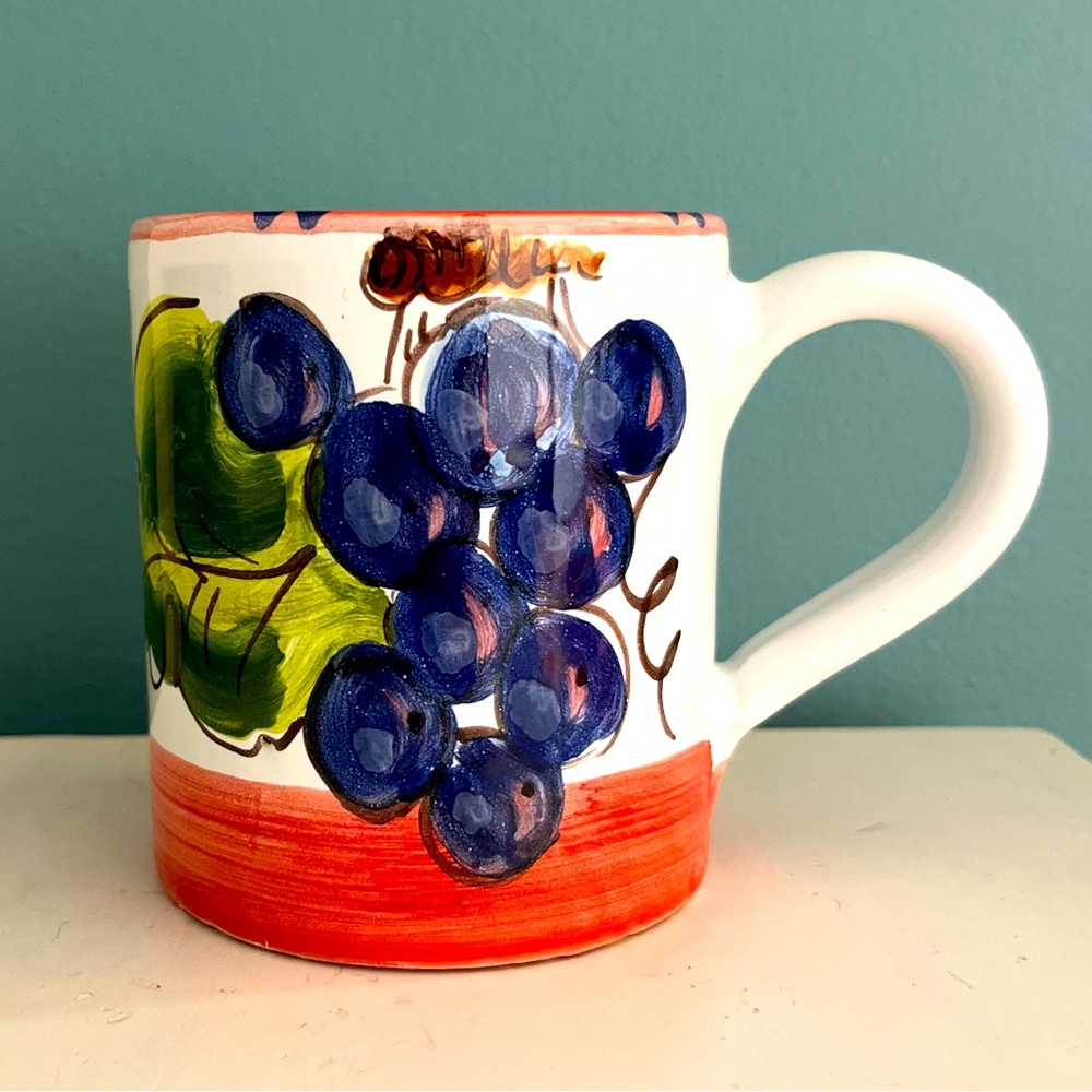 Deruta Italian Hand Painted Pottery Mug with Grape Motif. Signed.